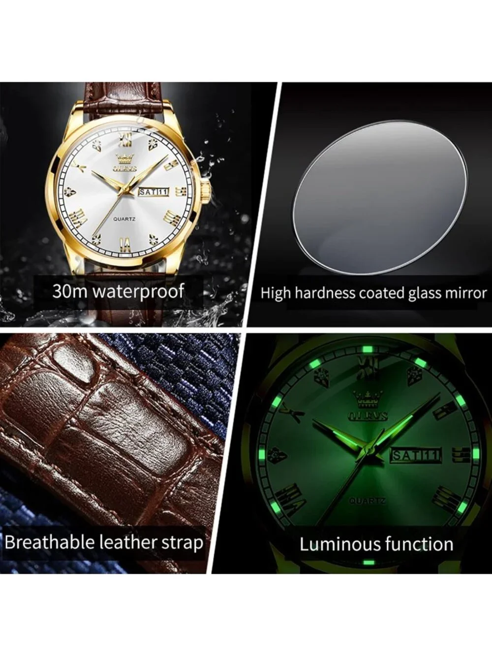 Men's White Fashion Quartz Leather Brown Buckle Waterproof Luminous Round Watch
